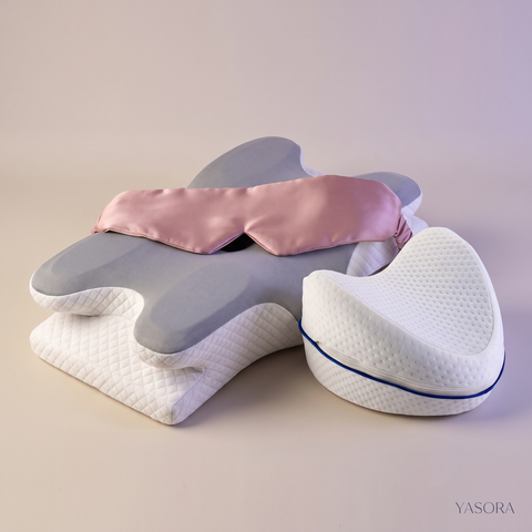 Yasora Tiefschlaf-Set – Traumschläferkissen, Seidenschläfer Maske und ComfortLeg Kniekissen
